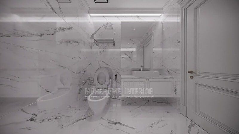 Thiết kế phòng vệ sinh nhỏ đẹp ấn tượng với đá lát nền, ốp tường đồng bộ tạo nên sự độc đáo, mới lạ cho không gian.